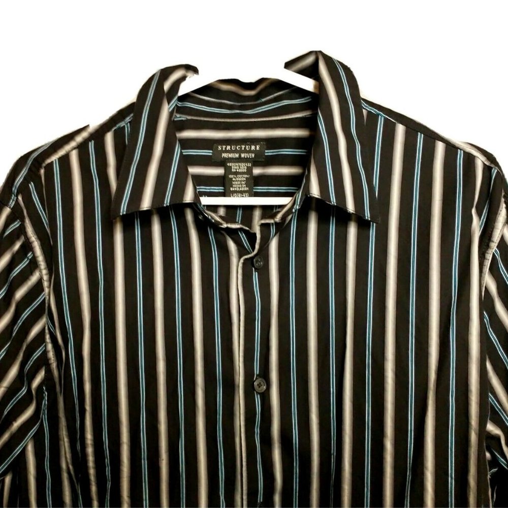 Structure Men's Large Premium Woven Black Striped Long Sleeve Button Up Shirt